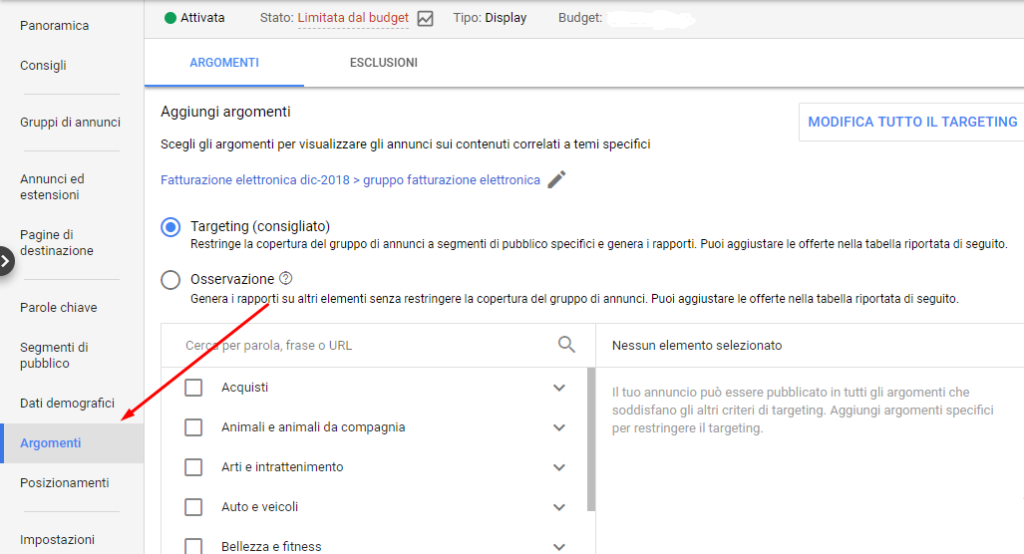 google ads argomenti campagna